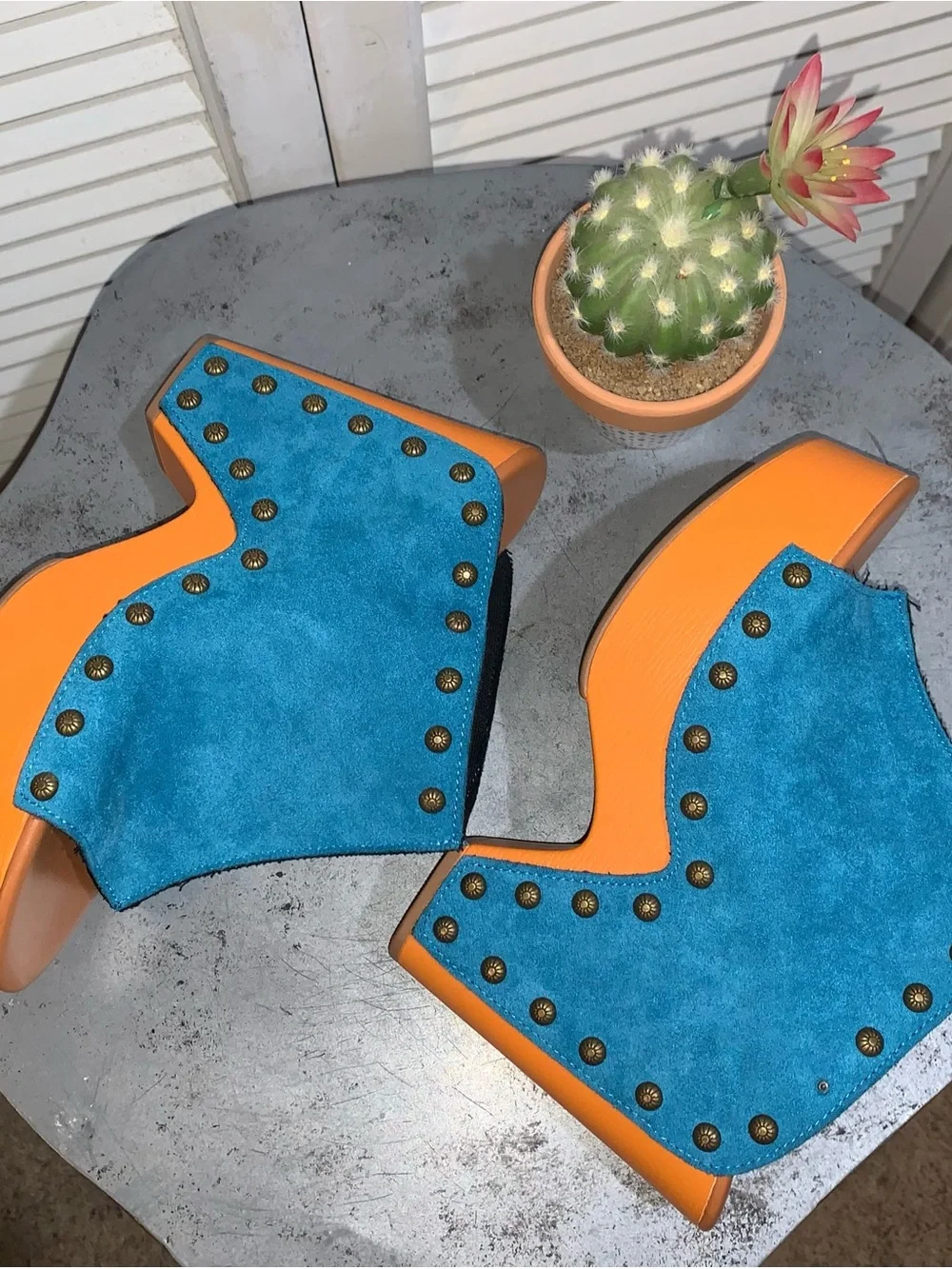 Tinstree Turquoise Vegan Suede Platform Mules Studded Heeled Clogs